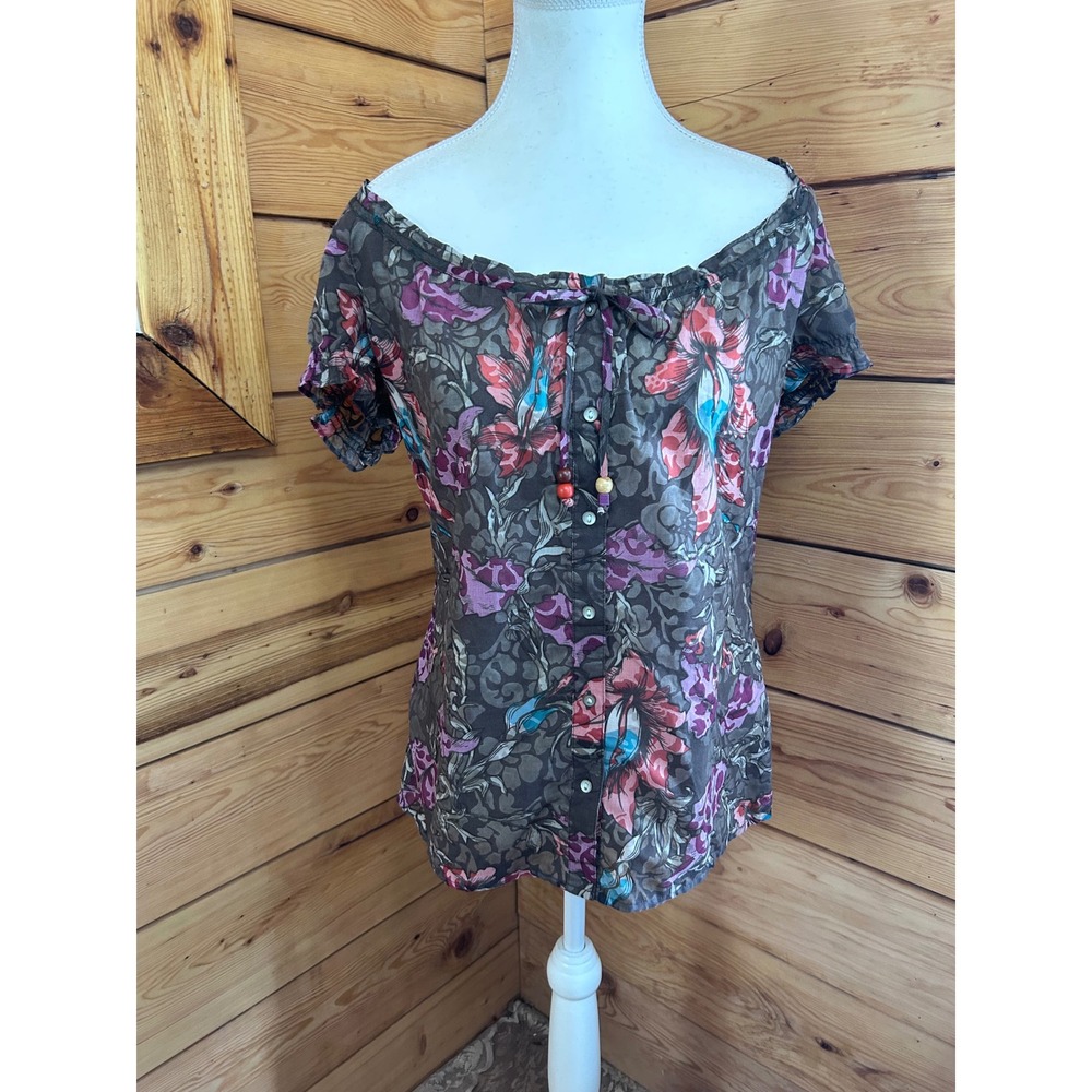 Esprit Floral Damask Short Sleeve Blouse Grey Purple Beaded Drawstring Size 8‎